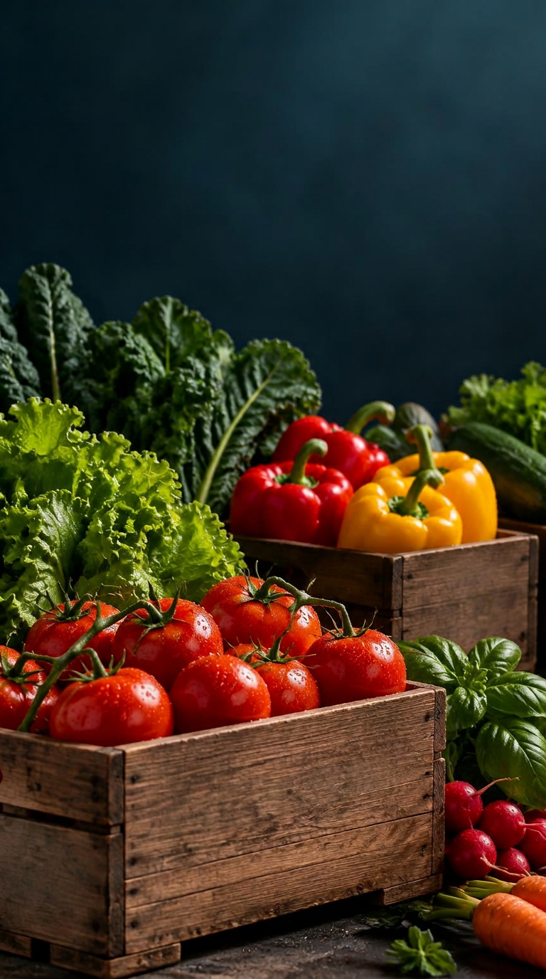 Caixas de tomates, folhosas, pimentões e legumes frescos prontos para distribuição