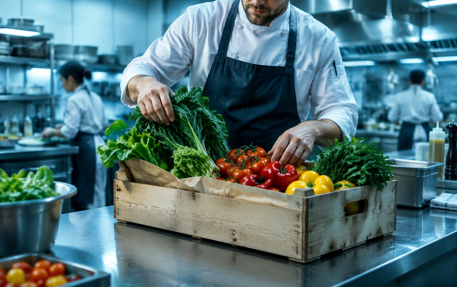 Chef recebendo caixa de hortifrúti fresco em cozinha profissional