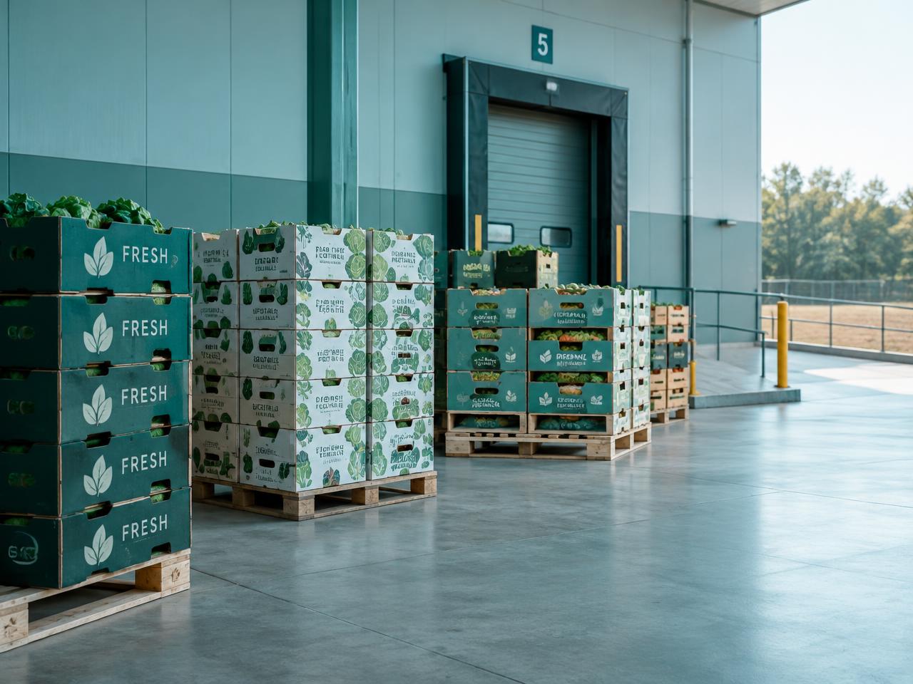 Caixas de hortifrúti paletizadas em área de distribuição
